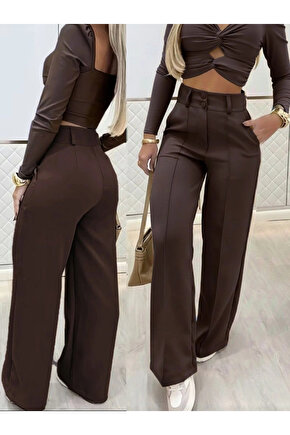 Kadın Uzun Kollu Göğüs Dekolteli Ithal Krep Bluz Ve Pantolon Ikili Takım