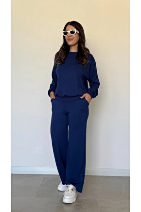 Kadın Uzun Kollu Bisiklet Yaka Viskon Iki Iplik Bluz Ve Pantolon Ikili Takım
