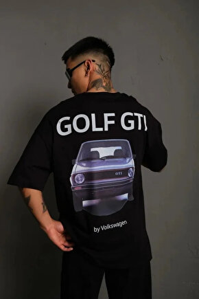 Erkek Oversize Baskılı Tişört – Golf GTI Retro Araba Desenli, Ön - Arka Dijital Baskı, Sokak Modası