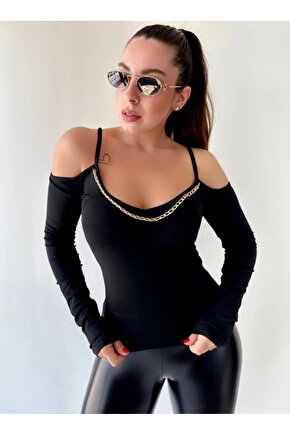 Kadın Omuz Dekolteli Zincir Detay Bluz