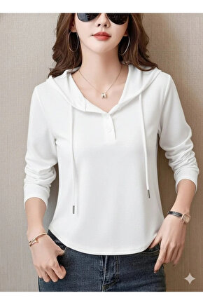 Kadın Uzun Kollu Kapşonlu Bağcıklı Düğmeli Viskon Iki Iplik Bluz