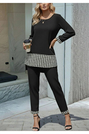 Kadın Uzun Kollu Yuvarlak Yakalı Kaz Ayağı Detaylı Viskon Iki Iplik Bluz Ve Pantolon Ikili Takım