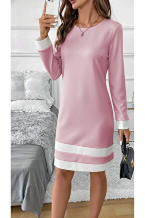 Kadın Uzun Kollu Yuvarlak Yaka Etek Ucu şerit Detaylı Mini Dalgıç Elbise