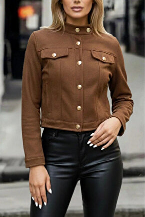 Kadın Uzun Kollu Yakadan Ve önden Düğmeli Süet Kısa Ceket