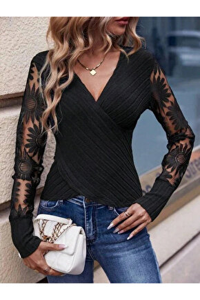 MDB Kadın Uzun Kollu Kruvaze Yakalı şardonlu Kaşkorse Bluz