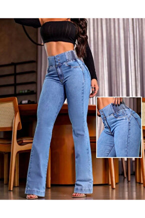 Kadın Yüksek Bel Yanları Lastik önü Düğmeli Kot Pantolon