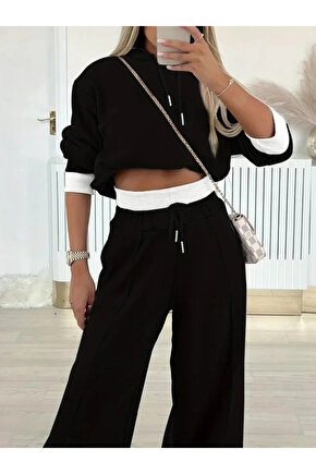 Kadın Uzun Kollu Kapşonlu Viskon Iki Iplik Bluz Ve Pantolon Ikili Takım