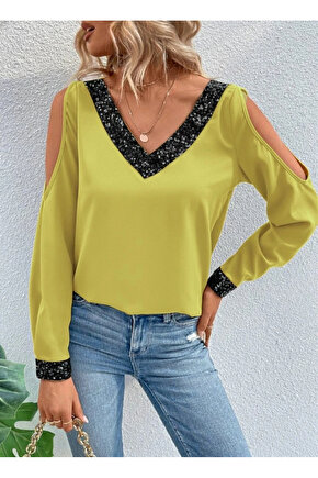 MDB Kadın Uzun Kollu V Yakalı Omuzlardan Açık Sandy Bluz