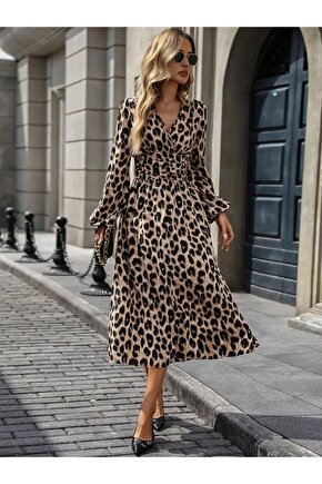 Kadın Uzun Kollu Kruvaze Yaka Belden Oturtmalı Midi Modal Leopar Desenli Elbise