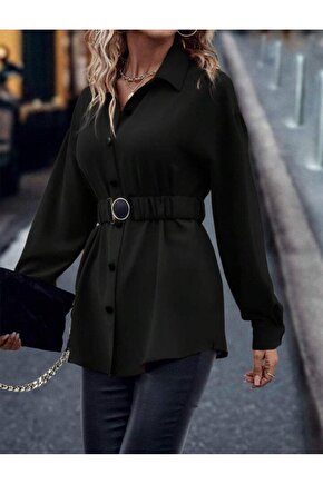 Kadın Uzun Kollu Yakalı önden Düğmeli Belden Kemerli Ithal Krep Bluz