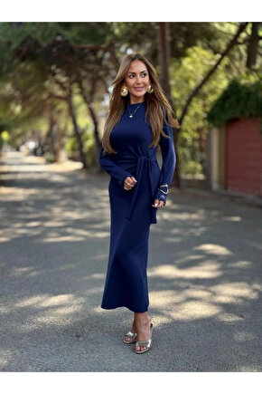 Kadın Uzun Kollu Bisiklet Yaka Yandan Bağlamalı Uzun Modal Elbise
