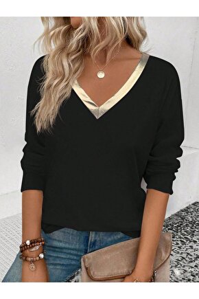 Kadın Uzun Kollu V Parlak Yaka Detaylı Viskon Bluz