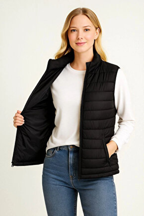 Kadın Şişme Fermuarlı Yelek Su itici Kapitone Astarlı Kumaş Cepli Hafif Kışlık Spor Rahat Kalıp - Si