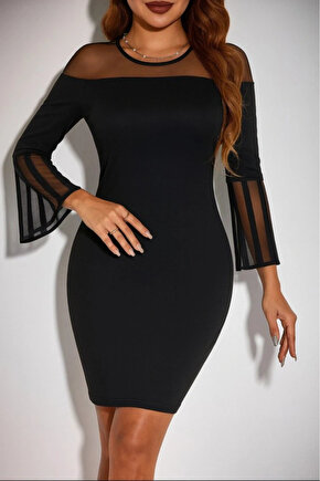 Kadın Uzun şeffaf şerit Kollu Madonna Yaka Vücudu Saran Dalgıç Kısa Elbise