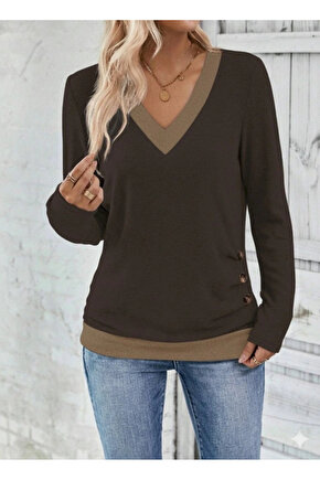 MDB Kadın Uzun Kollu V Yakalı Yandan Düğmeli Yün Viskon Bluz