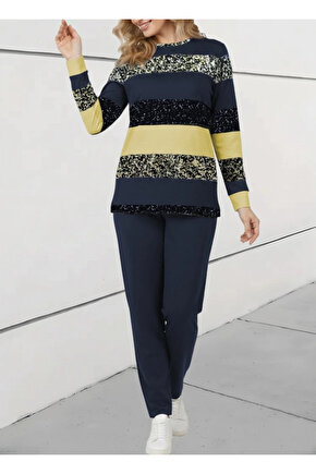 Kadın Uzun Kollu Bisiklet Yaka çizgili Desen Iki Iplik Bluz Ve Pantolon Ikili Takım