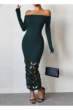 MDB Kadın Madonna Yaka Uzun Kollu Lazer çiçek Kesim Detaylı Uzun Ithal Krep Elbise