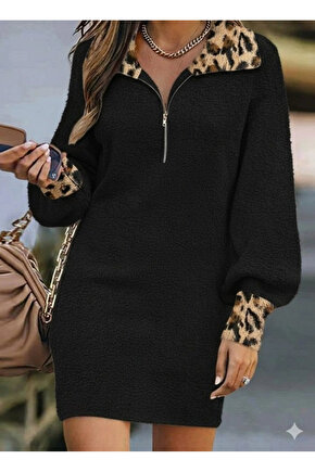 MDB Kadın Uzun Kollu Yakalı önden Fermuarlı Leopar Detaylı Mini Peluş Elbise