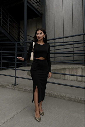 MDB Kadın Uzun Kollu Bisiklet Yaka Kısa Krop Dalgıç Bluz Ile önden Yırtmaçlı Uzun Etek Ikili Takım