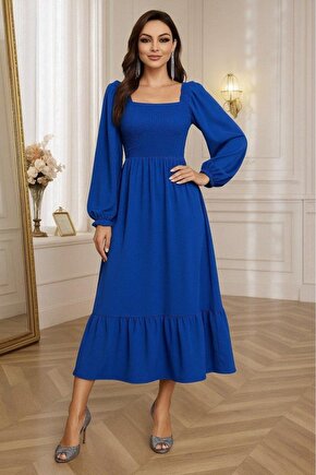 Kadın Uzun Kollu Kare Yakalı Gipeli Uzun Trikoton Elbise