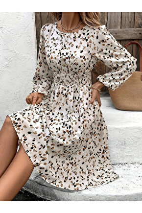 MDB Kadın Uzun Kollu Bot Yaka Beli Lastikli Midi Süprem Elbise