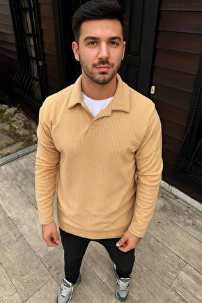 Erkek Fitilli Polar Sweatshirt – Düğmesiz Polo Yaka, Oversize Rahat Kalıp, Kalın Polar Kumaş, Kışlık