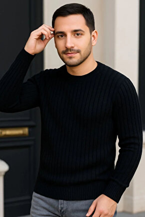 Erkek Bisiklet Yuvarlak Yaka Triko Kazak Pamuklu Kalın Fitilli Dokuma, Regular Fit Uzun Kollu Kışlık