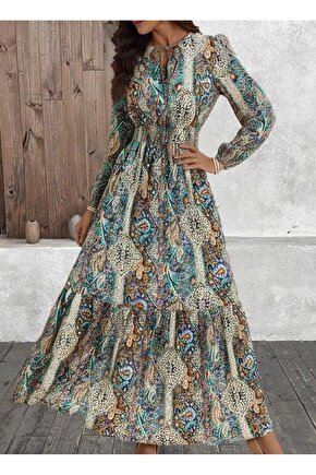 Kadın Uzun Kollu Uakadabağcıklı Beli Lastikli Desenli Uzun Süprem Elbise