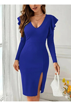 Kadın Uzun Kollu V Yakalı Yandan Yırtmaçlı Midi Ithal Krep Elbise