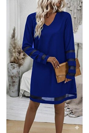 Kadın Uzun Kollu V Yakalı Tül şerit Detaylı Mini Krep Elbise