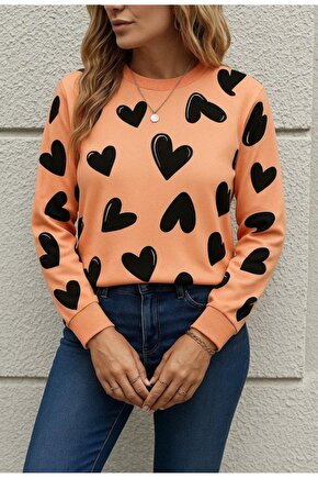 Kadın Uzun Kollu Bisiklet Yaka Kalp Desenli Iki Iplik Bluz