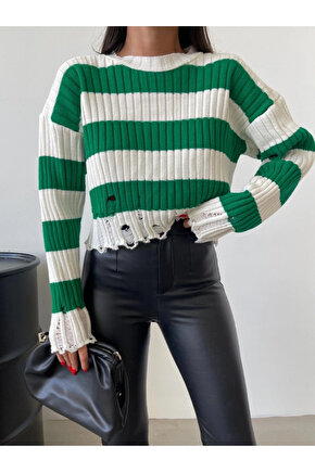 Yeşil Çizgili Yırtık Detaylı Triko Kazak