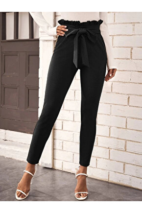 MDB Kadın Yüksek Bel Beli Fırfırlı önden Bağlamalı Ithal Krep Pantolon