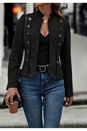 Kadın Uzun Kollu Hakim Yaka Yanlardan Düğmeli Kısa Süet Ceket