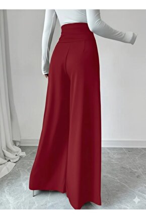 EQURİ Kadın Yüksek Bel Düğmeli Geniş Paçalı Ithal Krep Pantolon