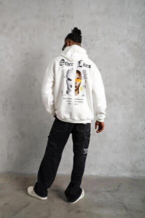 Erkek Oversize Üç İplik Şardonlu Kapüşonlu Sweatshirt – Beyaz Other Lives Ön ve Arka Baskılı, Kang