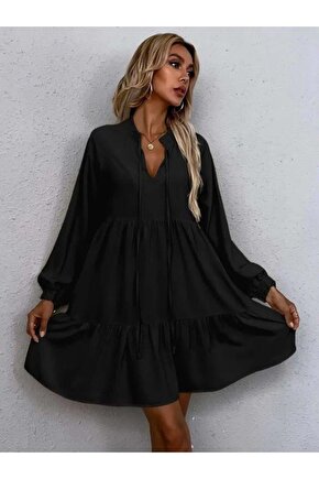 Kadın Uzun Kollu Yakadan Bağcıklı Fırfırlı Keten Mini Elbise