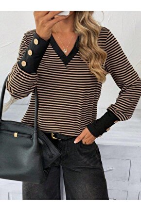 Kadın Uzun Kollu V Yakalı Desenli Süprem Bluz