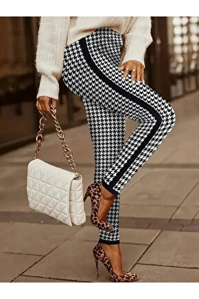 MDB Kadın Yüksek Bel Kaz Ayağı Desenli Yanları şeritli Dalgıç Pantolon