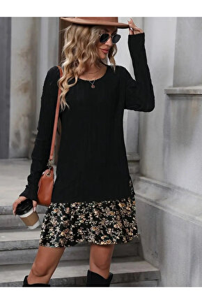 Kadın Uzun Kollu Bisiklet Yaka şardonlu Kaşkorse Bluz Ve Süprem Etek Elbise