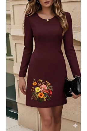 MDB Kadın Uzun Kollu Bisiklet Yaka çiçek Desenli Mini Dalgıç Elbise