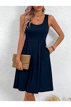 Kadın Askılı Yuvarlak Yaka önden Pileli Viskon Elbise