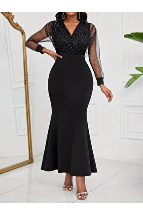 Kadın Uzun Kollu Kruvaze Yakalı Taş Ve Tül Detaylı Uzun Ithal Krep Elbise