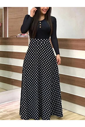 Kadın Uzun Kollu önü Düğmeli Viskon Bluz Eteği örme Maxi Krep Elbise
