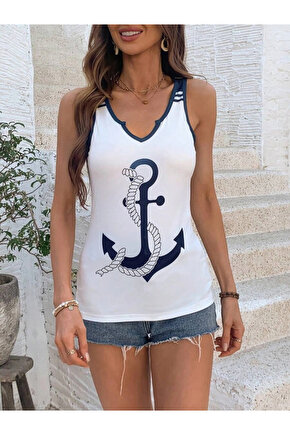 Kadın Kalp Yaka çıpa Baskılı Süprem Bluz