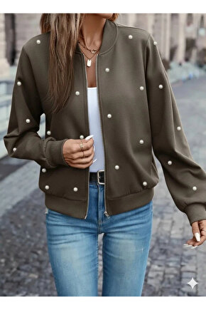 Kadın Uzun Kollu önden Fermuarlı Incili Kısa Modal Ceket