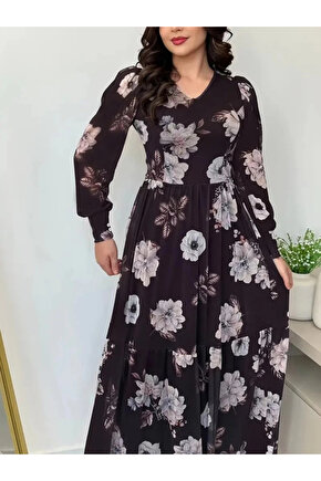 MDB Kadın Uzun Kollu V Yakalı çiçek Desenli Maxi Süprem Elbise