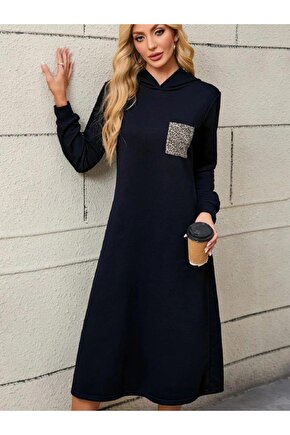 Kadın Uzun Kollu Kapşonlu Cep Detaylı Viskon Iki Iplik Maxi Elbise