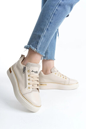 DINA Bağcıklı Fermuarlı Ortopedik Taban Kadın Sneaker Spor Ayakkabı CKT - KremAltın