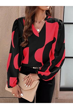 Kadın Uzun Kollu V Yakalı Desenli Modal Bluz